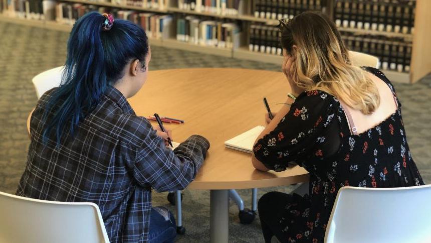 Two students work at a table with their backs to the camera